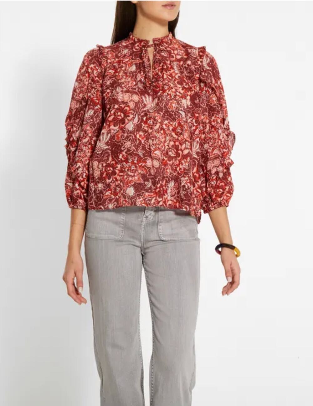 Ulla Johnson Rana Blouse Womens 2 Red Floral Boho Balloon Sleeve Cotton Blend
